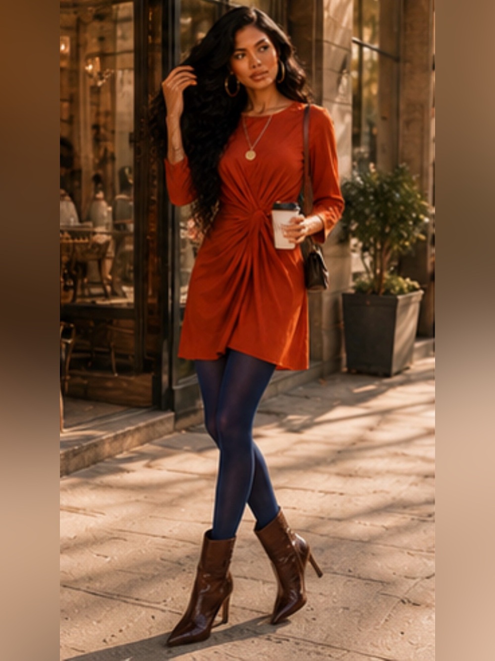 Mango Rust Twisted-Front Long Sleeve Mini Dress